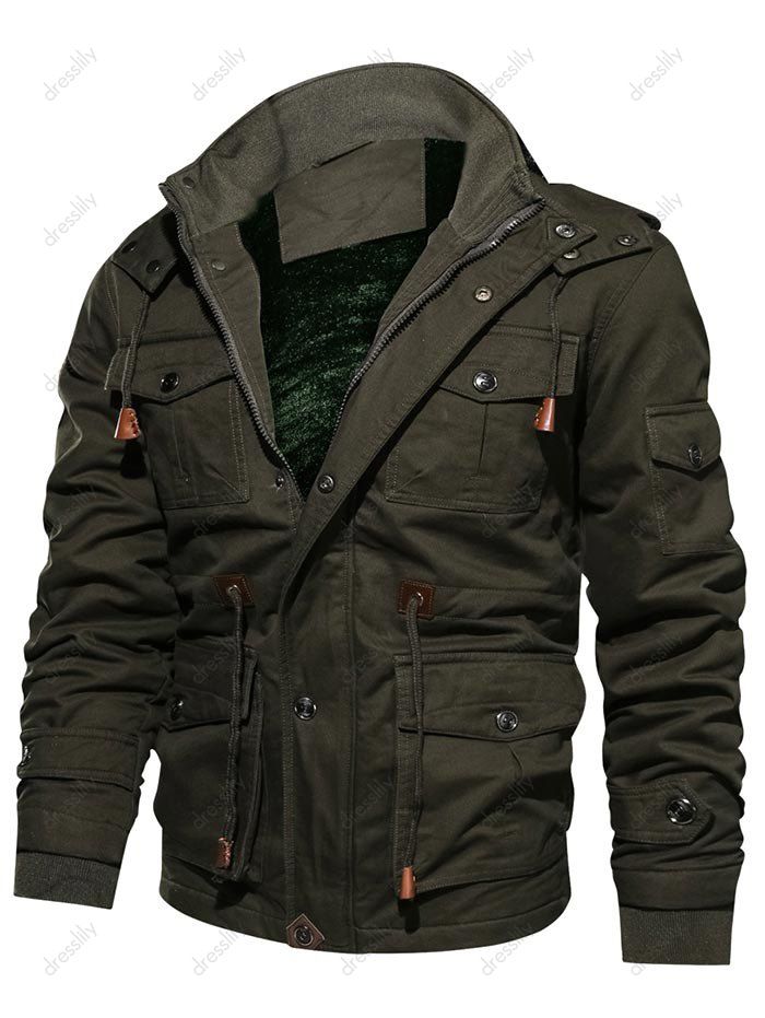 [54% OFF] 2021 Faux Fur Lined Waist Drawstring Cargo Jacket In GREEN ...