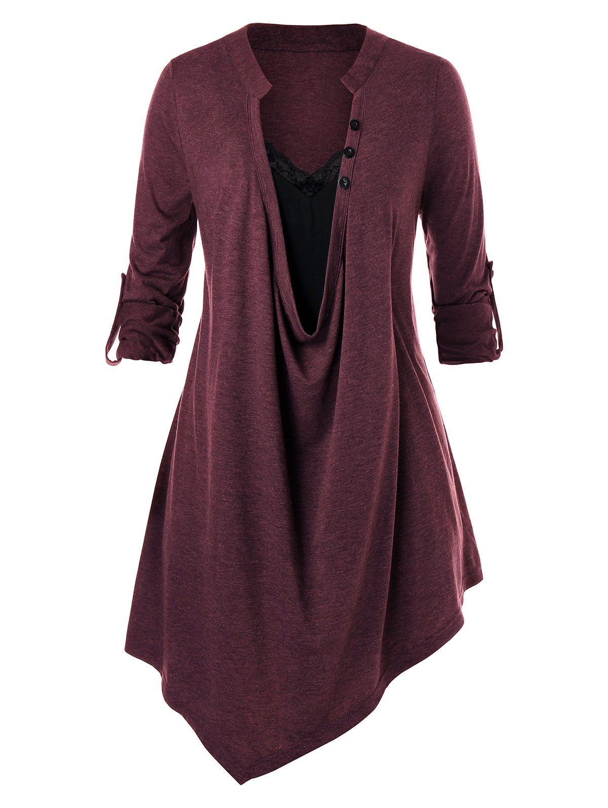 

Plus Size Lace Panel Asymmetric Top, Red wine