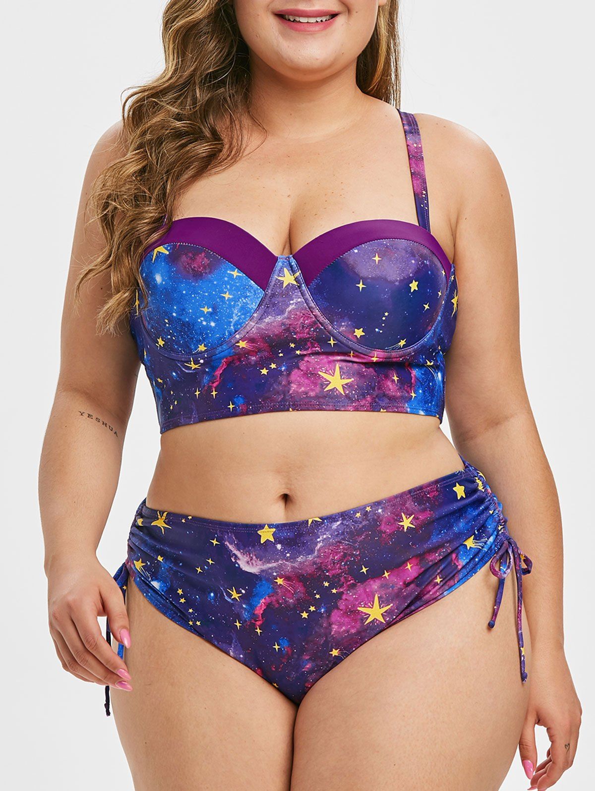 Galaxy Print Push Up Cinched Plus Size Bikini Swimsuit - NEBULA L