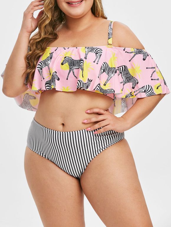 Zebra Pineapple Print Striped Plus Size Flounce Tankini Swimsuit - PINK L