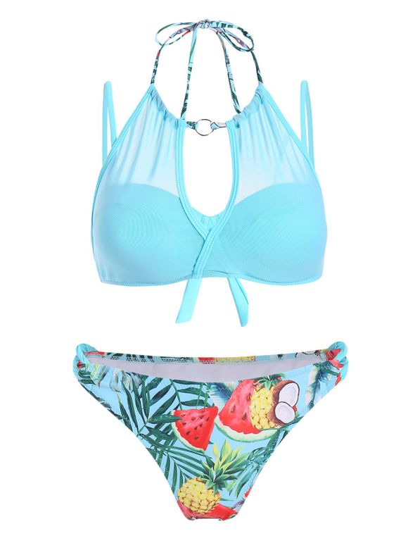 Maillot de Bain Bikini Superposé Fruit et Feuille Tropicale en Maille - Céleste L