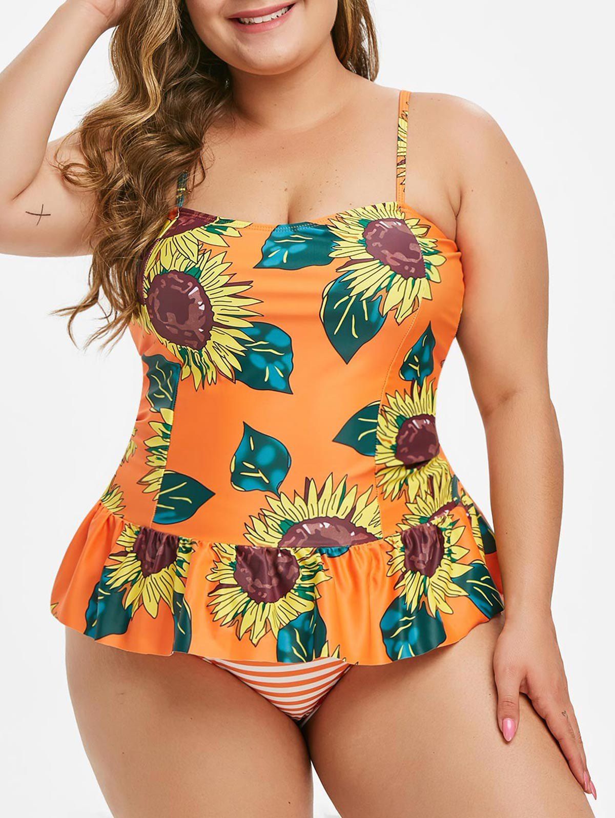 37 Off 2021 Plus Size Sunflower Print Flounce Tankini Swimsuit In Pumpkin Orange Dresslily