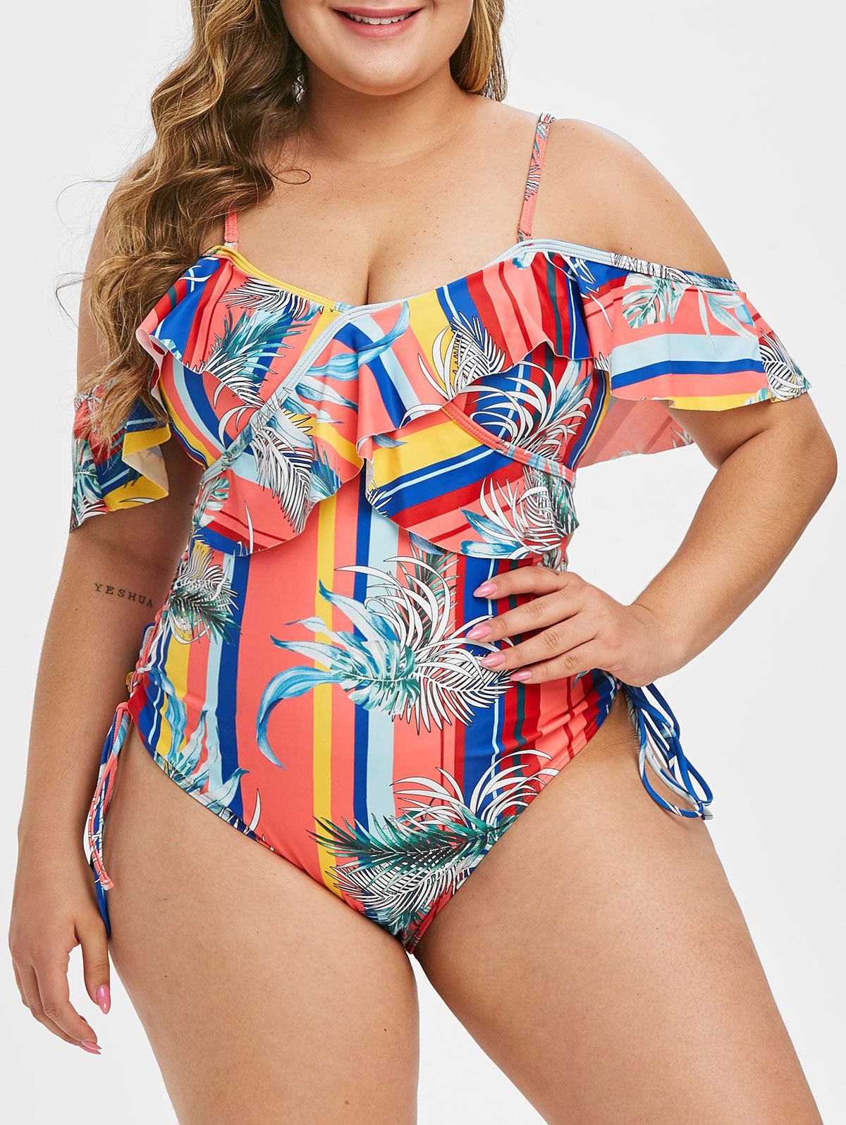 Plus Size Ruffled Lace Up Palm Print One-piece Swimsuit - WATERMELON PINK 1X