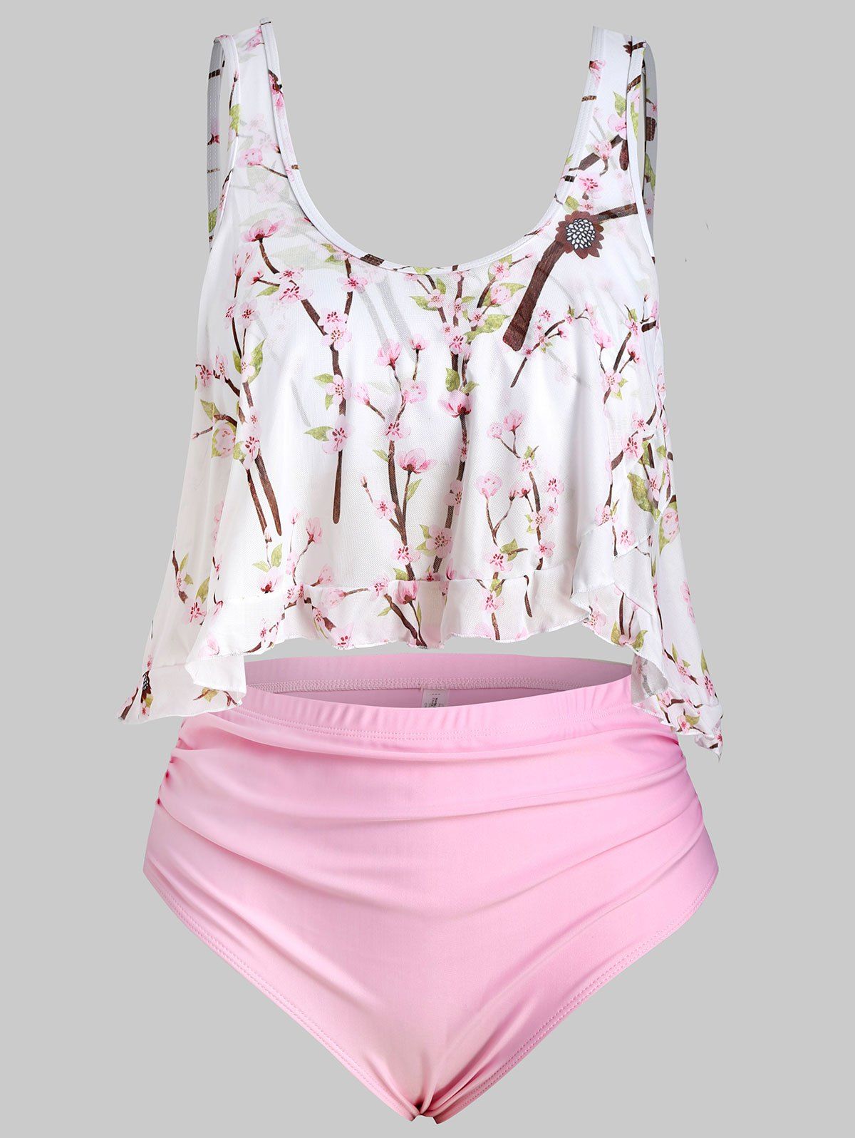 Plus Size Peach Blossom Overlay Tankini Swimsuit - PINK 5X