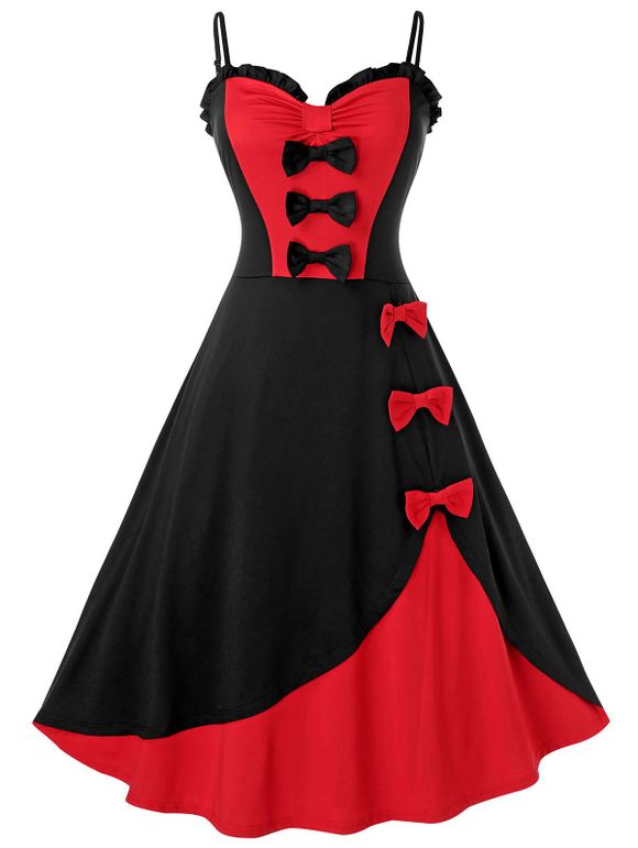 Robe Pin-Up Bicolore avec Noeud Papillon Grande Taille - Rouge 5X