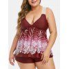 Maillot de Bain Tankini Feuille Contrasté à Bretelle en Dentelle de Grande Taille - Rouge Vineux 2X