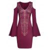 Robe Moulant Cachemire Imprimé à Epaule Dénudée à Col V - Rouge Vineux XL