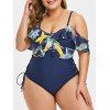 Plus Size Palm Print Lace Up Ruffled One-piece Swimsuit - BLACK 5X