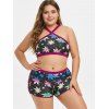 Maple Leaf Crossover Plus Size Boyshorts Bikini Swimsuit - multicolor 4X