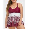 Maillot de Bain Tankini Fleuri Rose Grande-Taille à Volants - Rouge Vineux 3X