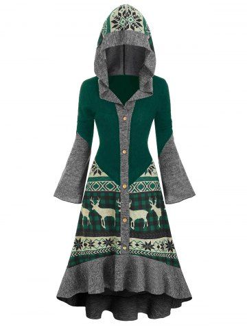 Christmas Elk Hooded High Low Flounce Hem Knitted Dress