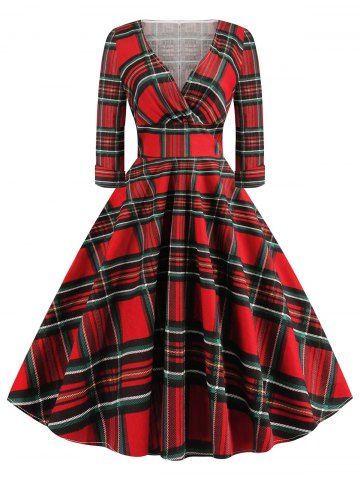 Vintage Plaid Plus Size Long Sleeve Surplice Dress