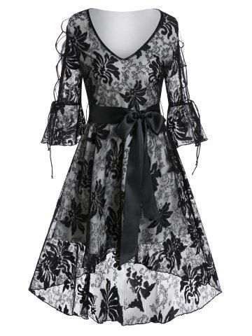 Poet Sleeve Lace-up High Low Flower Lace Dress