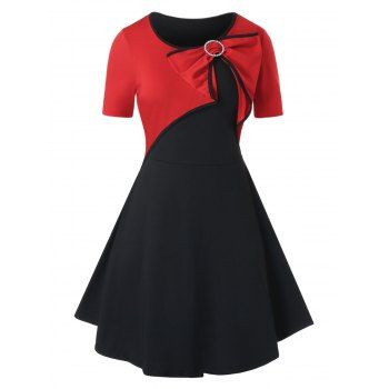 

Plus Size Bowknot Two Tone Piping Dress, Red
