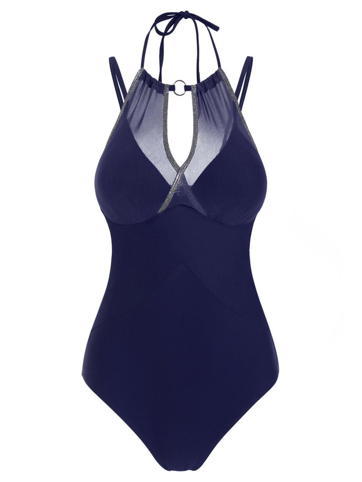Mesh Overlay Sparkly Push Up One-piece Swimsuit - DEEP BLUE 3XL