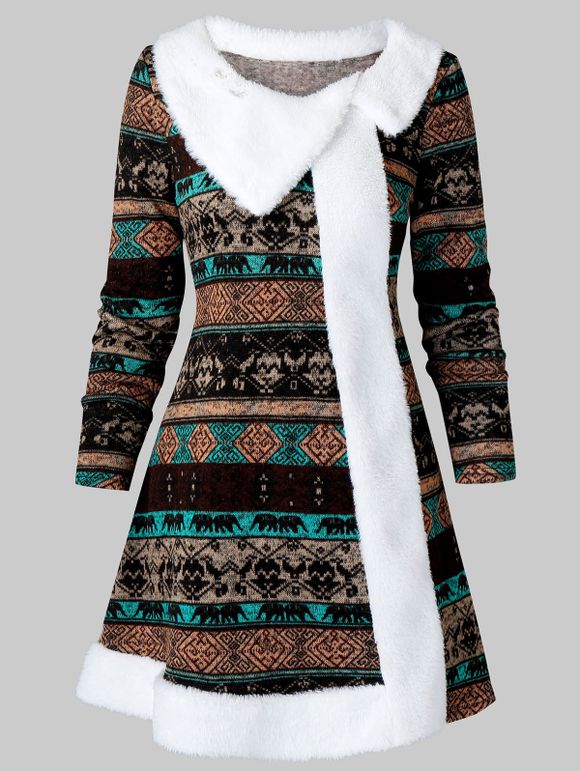Tribal Pattern Faux Fur Trim Mini Dress - multicolor A M