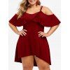 Robe Evasée Haute Basse à Epaule Ouverte de Grande Taille à Volants - Rouge Vineux 1X