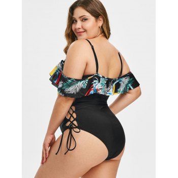 

Plus Size Palm Print Lace Up Ruffled One-piece Swimsuit, Black