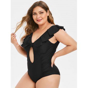 

Plus Size Ruched Flounce Backless One-piece Swimsuit, Black