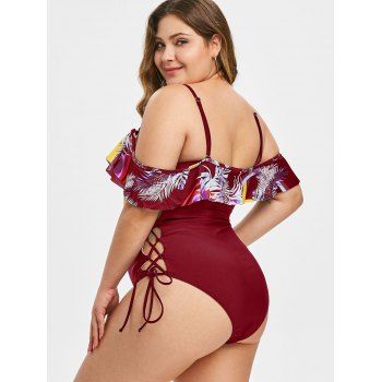

Plus Size Palm Print Lace Up Ruffled One-piece Swimsuit, Red wine