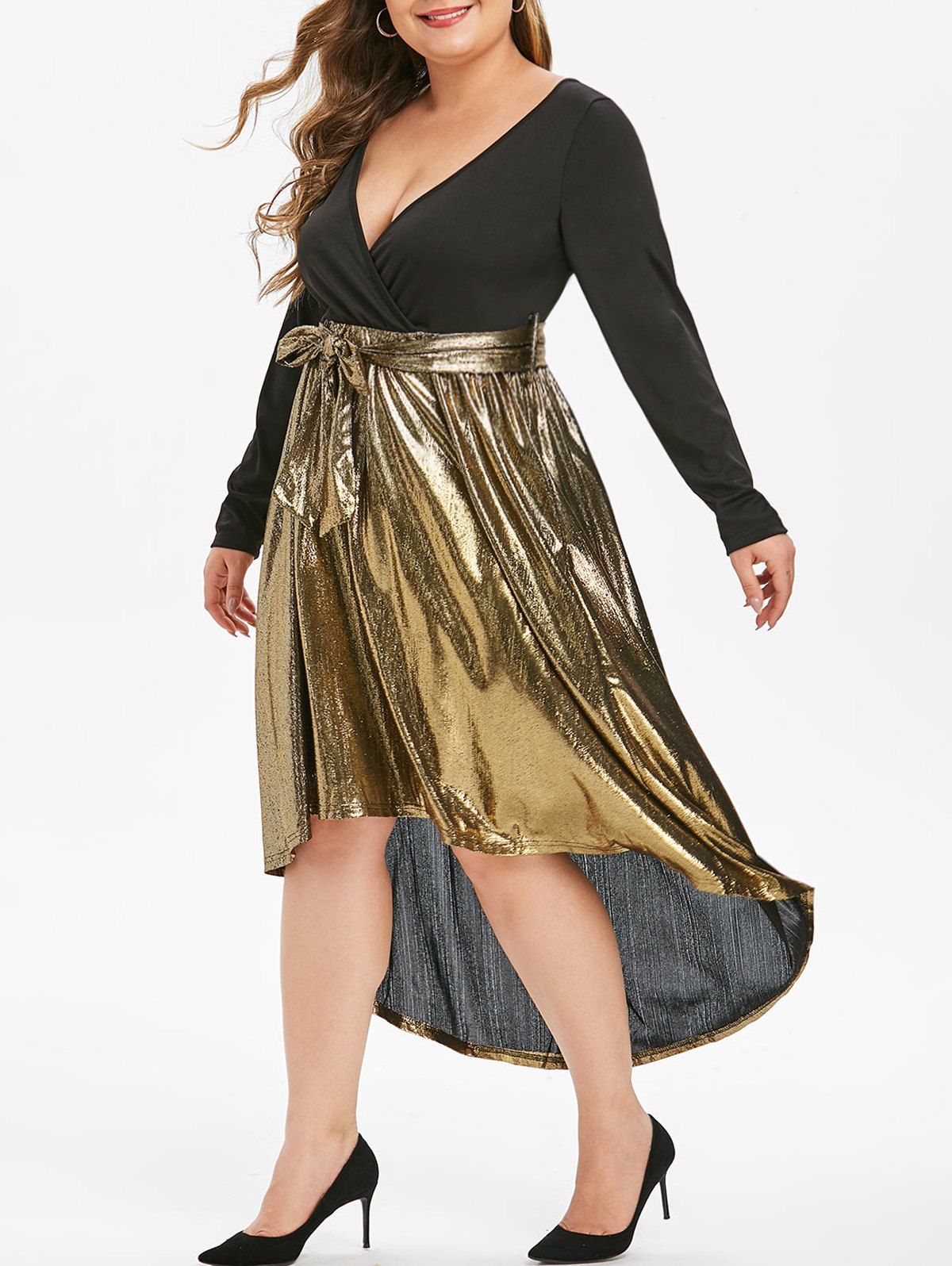 Long Sleeve Gilded Shiny High Low Surplice Plus Size Dress - BLACK L