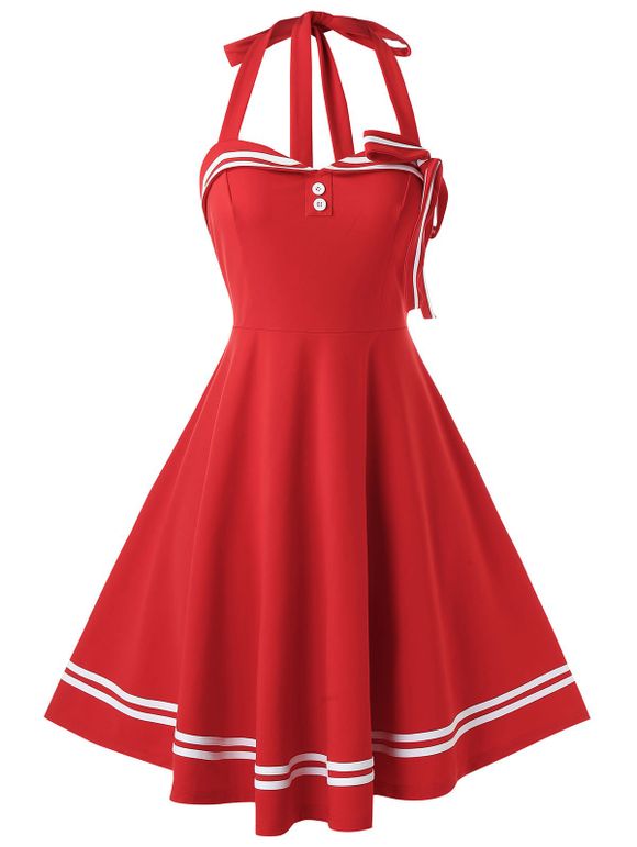 Plus Size Vintage Halter Contrast Stripe Pin Dress Up - Rouge Lave 5X