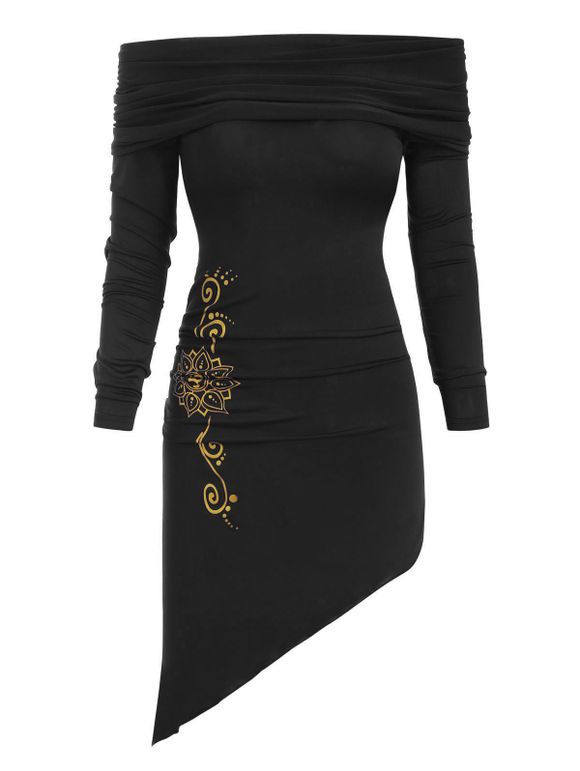 Robe Asymétrique Imprimée à Col Bénitier - Noir XL