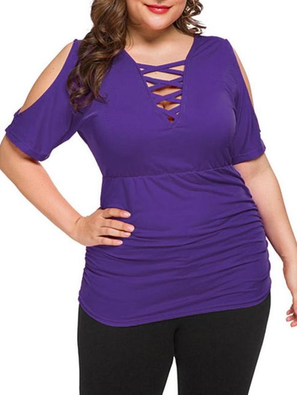 T-shirt Croisé Plongeant à Epaule Ouverte de Grande Taille - Pourpre 4X