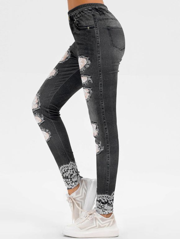 Legging 3D Fleuri Imprimé à Taille Haute - Noir Profond 3XL