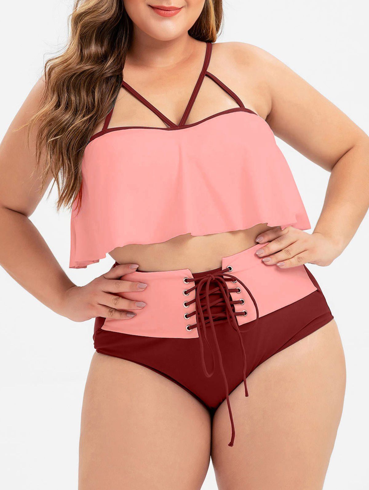 Strappy Flounce Lace-up Plus Size Bikini Swimsuit - RED WINE 5X