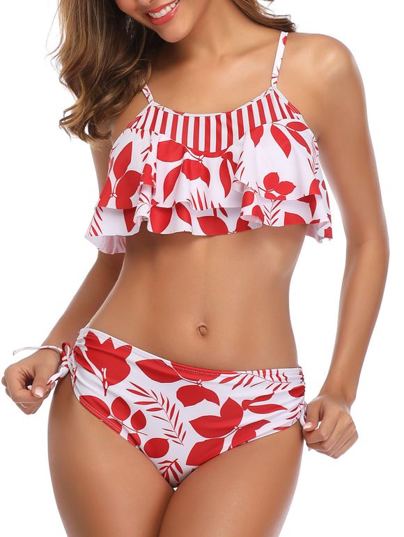 Feuilles rayé Cinched Overlay Bikini - Rouge Lave XL