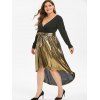 Long Sleeve Gilded Shiny High Low Surplice Plus Size Dress - BLACK L