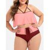 Maillot de Bain Bikini à Bretelle de Grande Taille à Lacets à Volants - Rouge Vineux L