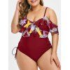 Plus Size Palm Print Lace Up Ruffled One-piece Swimsuit - BLACK 5X