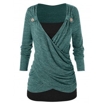 

Plus Size Front Cross Ruched Marled T Shirt, Dark green