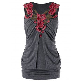 

Plus Size Ruched Embroidered Tank Top, Gray