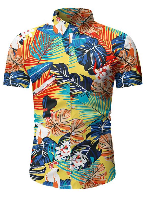 Chemise Décontractée Motif de Feuille à Manches Courtes - Jaune 2XL