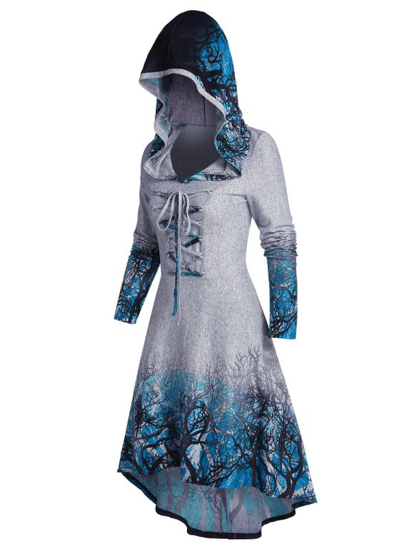 Robe à Capuche Racine d'Arbre Imprimée à Lacets - Bleu gris 2XL