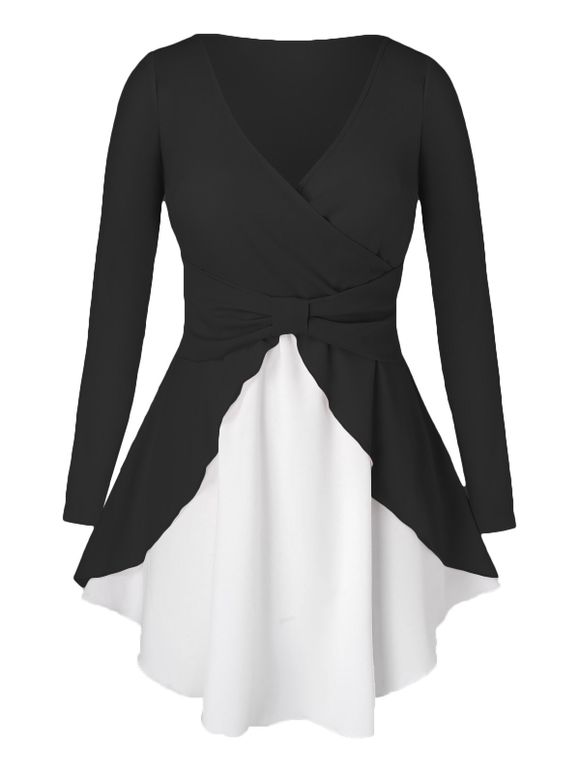 Blouse Superposée Bicolroe de Grande Taille avec Nœud Papillon - Noir 4X