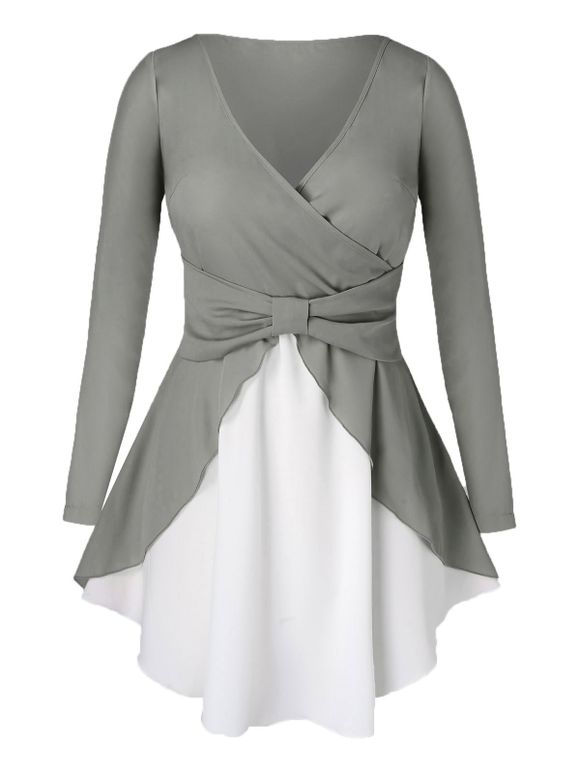 Blouse Superposée Bicolroe de Grande Taille avec Nœud Papillon - Gris Foncé 3X