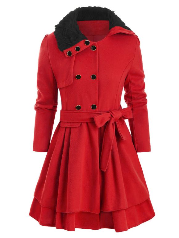 Manteau Multicouche à Col en Fourrure Artificielle - Rouge 2XL