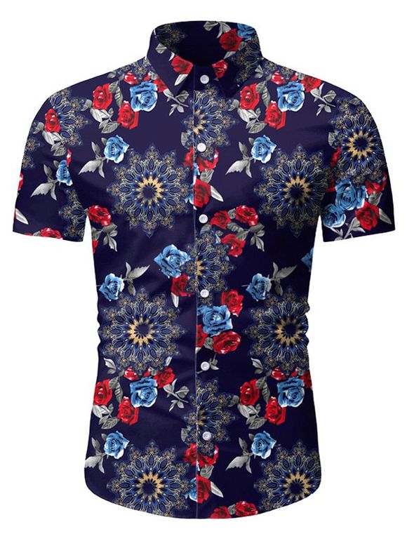 T-shirt Fleuri Motif de Rose à Manhces Courtes - Bleu profond 2XL