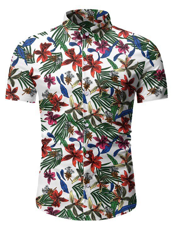 Leaf Floral Pattern Short Sleeves Casual Shirt - Blanc 3XL