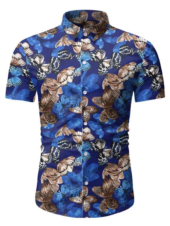 Chemise Boutonnée Motif de Papillon à Manches Courtes - Bleu L