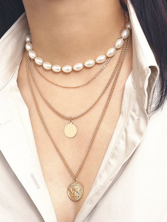 Collier Superposé Ange en Ovale en Fausse Perle - Or 
