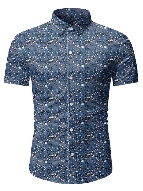T-shirt Vintage Boutonné Imprimé à Manhces Courtes - Bleu Lapis 3XL