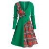 Christmas Plaid Print Mock Button Flare Dress - DARK GREEN L