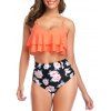 Floral Print Layered Ruched Bikini Set - LIVING CORAL XL