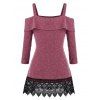 Plus Size Guipure Lace Foldover Open Shoulder Knitted Tee - RED WINE 4X