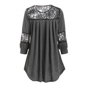 

Plus Size Lace Insert Curved T Shirt, Gray